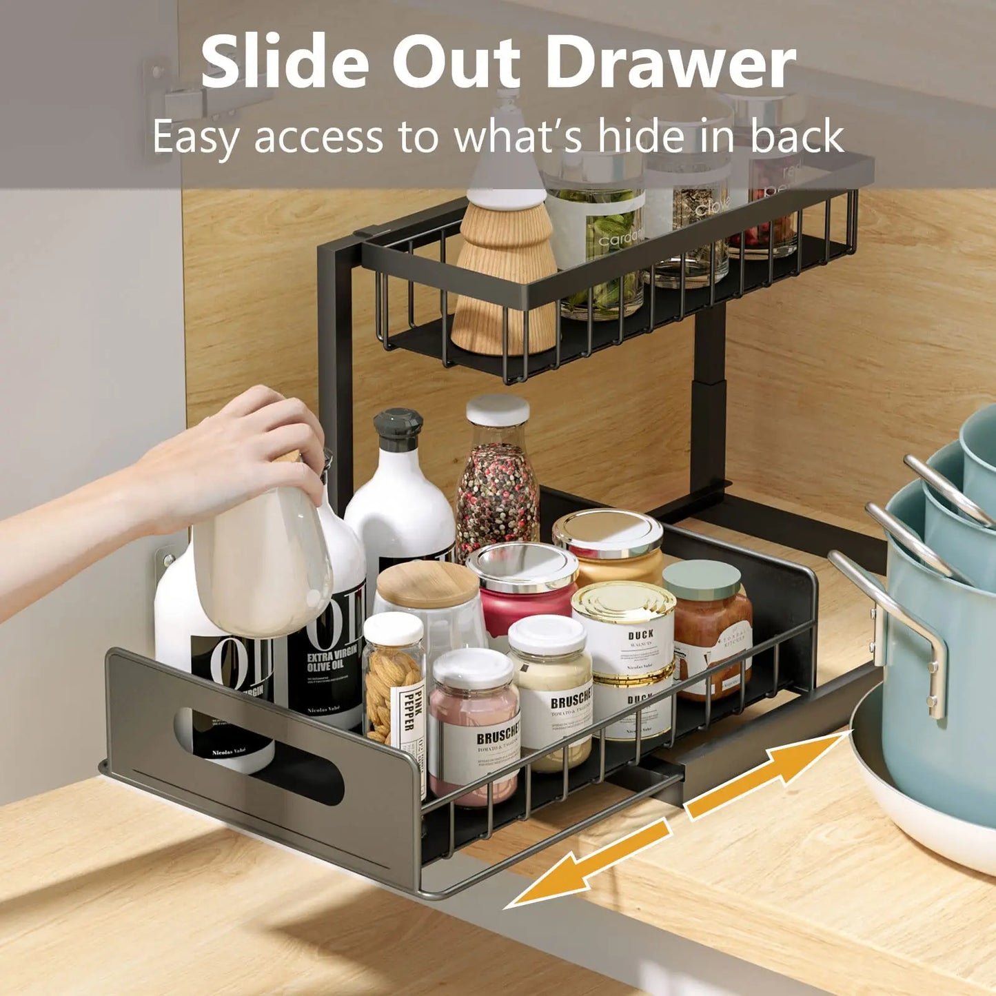 2-Tier Slide-Out Under Sink Organizer, Sturdy Metal Storage for Bathroom or Kitchen
