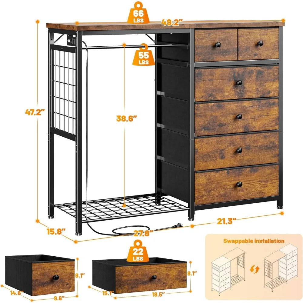 49.2" 6-Drawer Dresser with LED Lights, Charging Station, Fabric Storage Chest, Hanging Rack