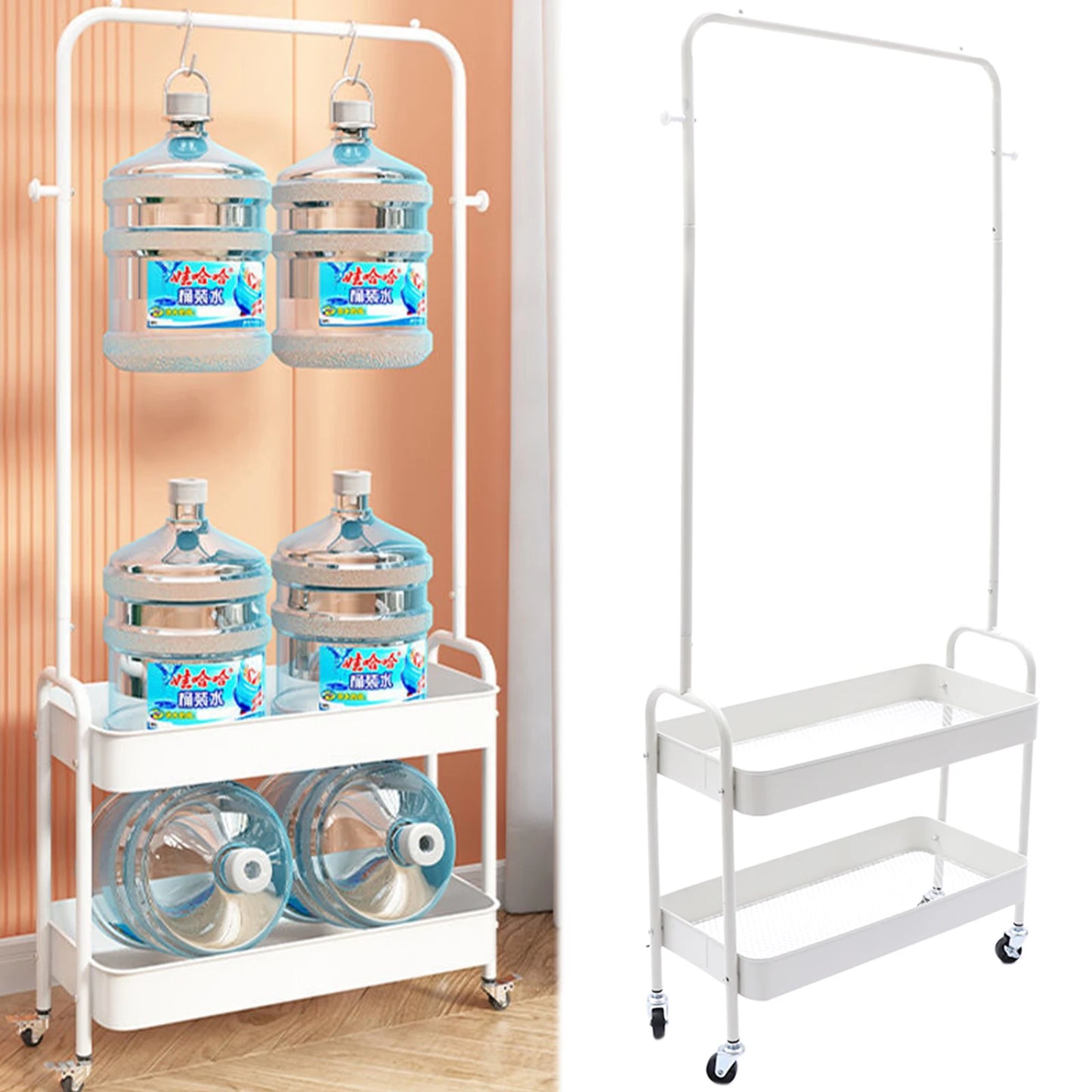 2-In 1 Clothing White Rack With 2 Tier Metal Basket Rolling Storage Cart