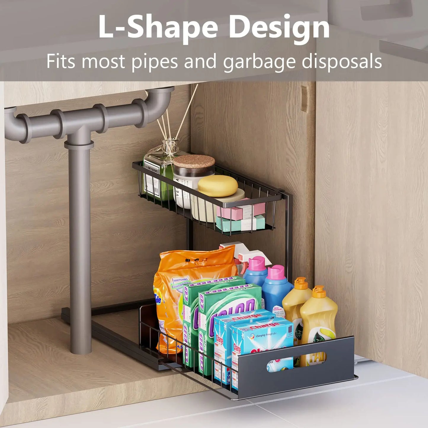 2-Tier Slide-Out Under Sink Organizer, Sturdy Metal Storage for Bathroom or Kitchen