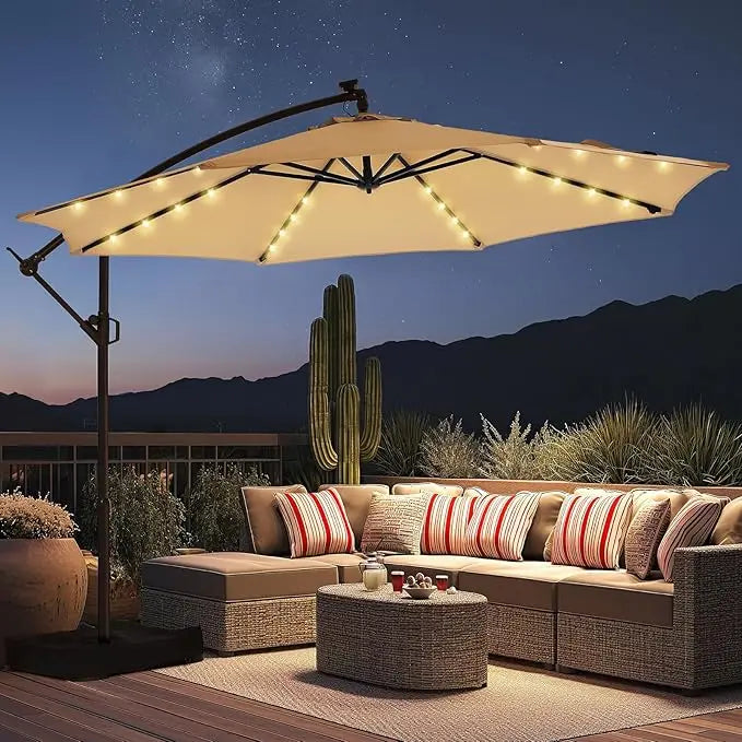 10ft LED Cantilever Patio Umbrella with Solar Lights & Base – Offset Hanging Outdoor Shade