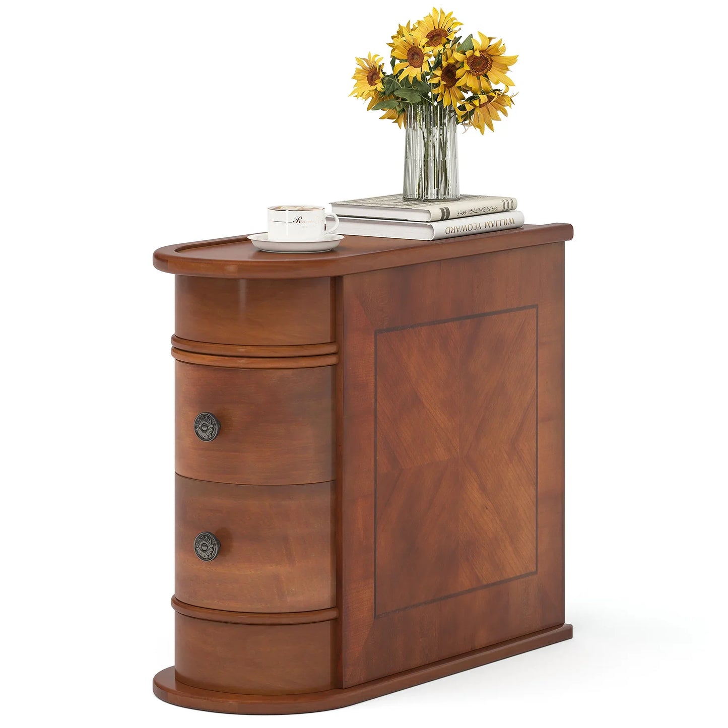 Tribesigns Narrow Bedside Nightstand with Round Solid Wood, 2 Drawers