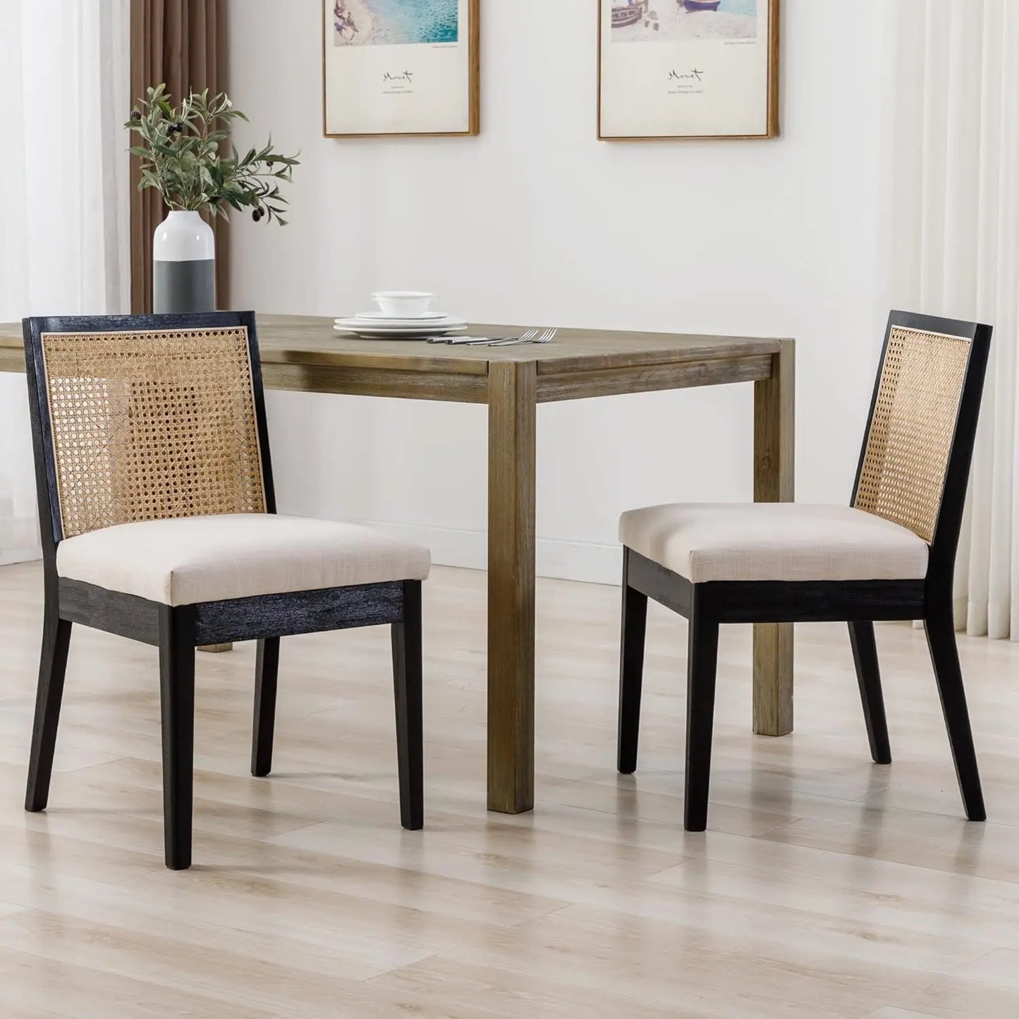 Set of 4 Farmhouse Rattan Dining Chairs, Black Wood & Upholstered
