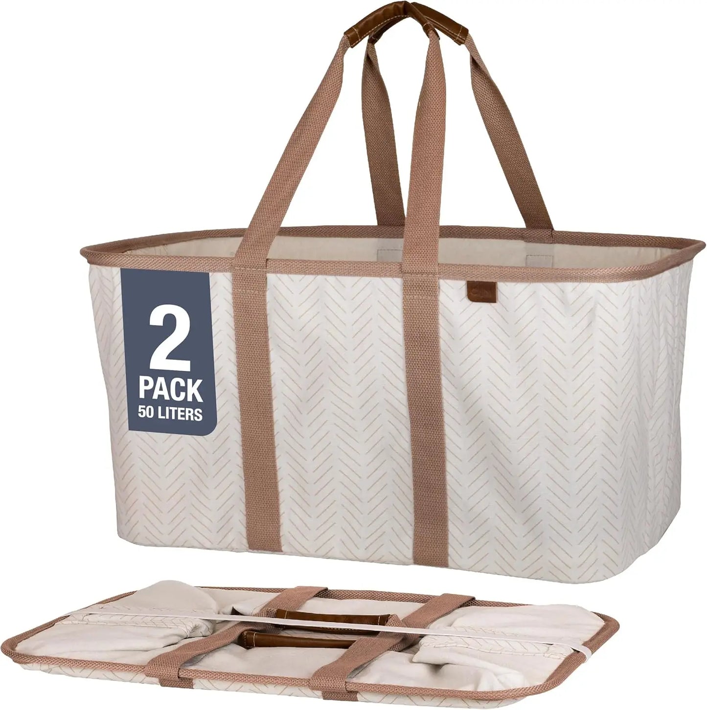 Luxe Herringbone Collapsible Laundry Tote - 2-Pack 50L, Foldable Storage Bins