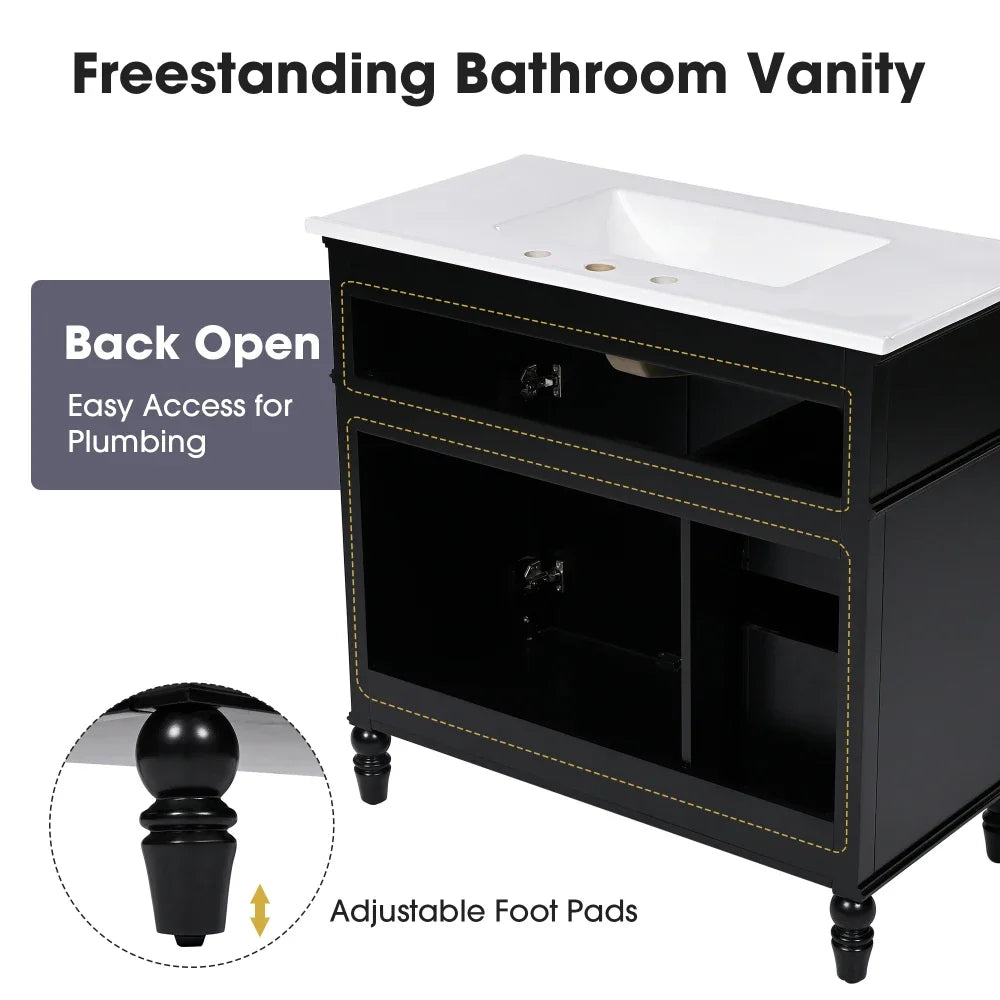 Modern 36" Bathroom Vanity with Sink – Black Finish, Drawers & Durable Frame