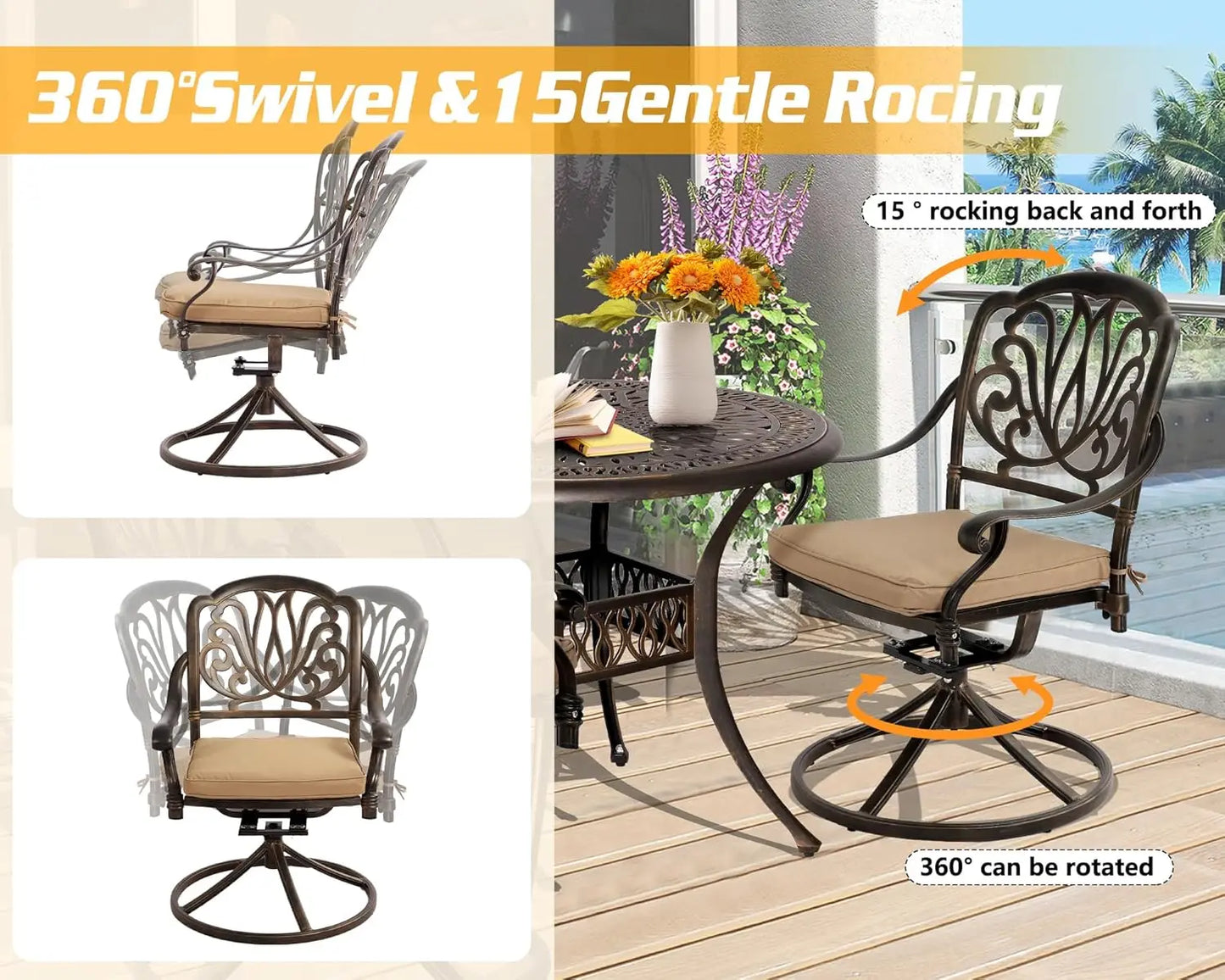 5-Piece Outdoor Patio Dining Set, Cast Aluminum, 4 Swivel Chairs, 35.4" Table