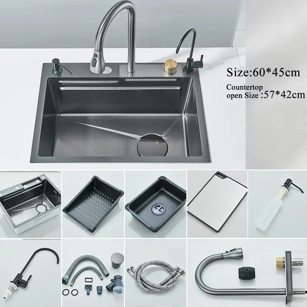 304 Stainless Steel Waterfall Kitchen Sink Set with Digital Faucet, Soap Dispenser & Cup Washer