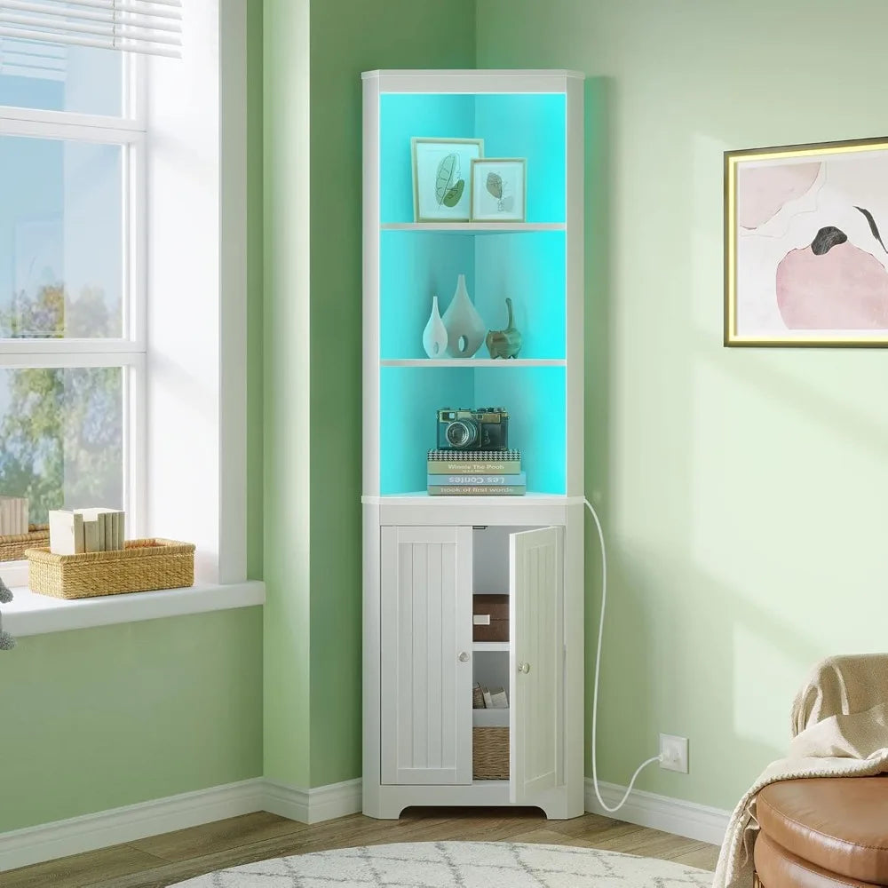 5-Tier LED Corner Shelf with Doors - Tall White or Black Cabinet