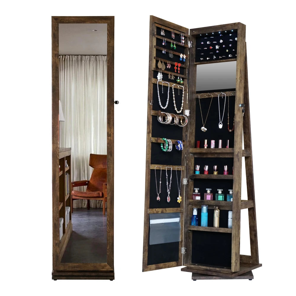 360° Swivel Full-Length Mirror with Jewelry Storage – Elegant Home Decor Cabinet