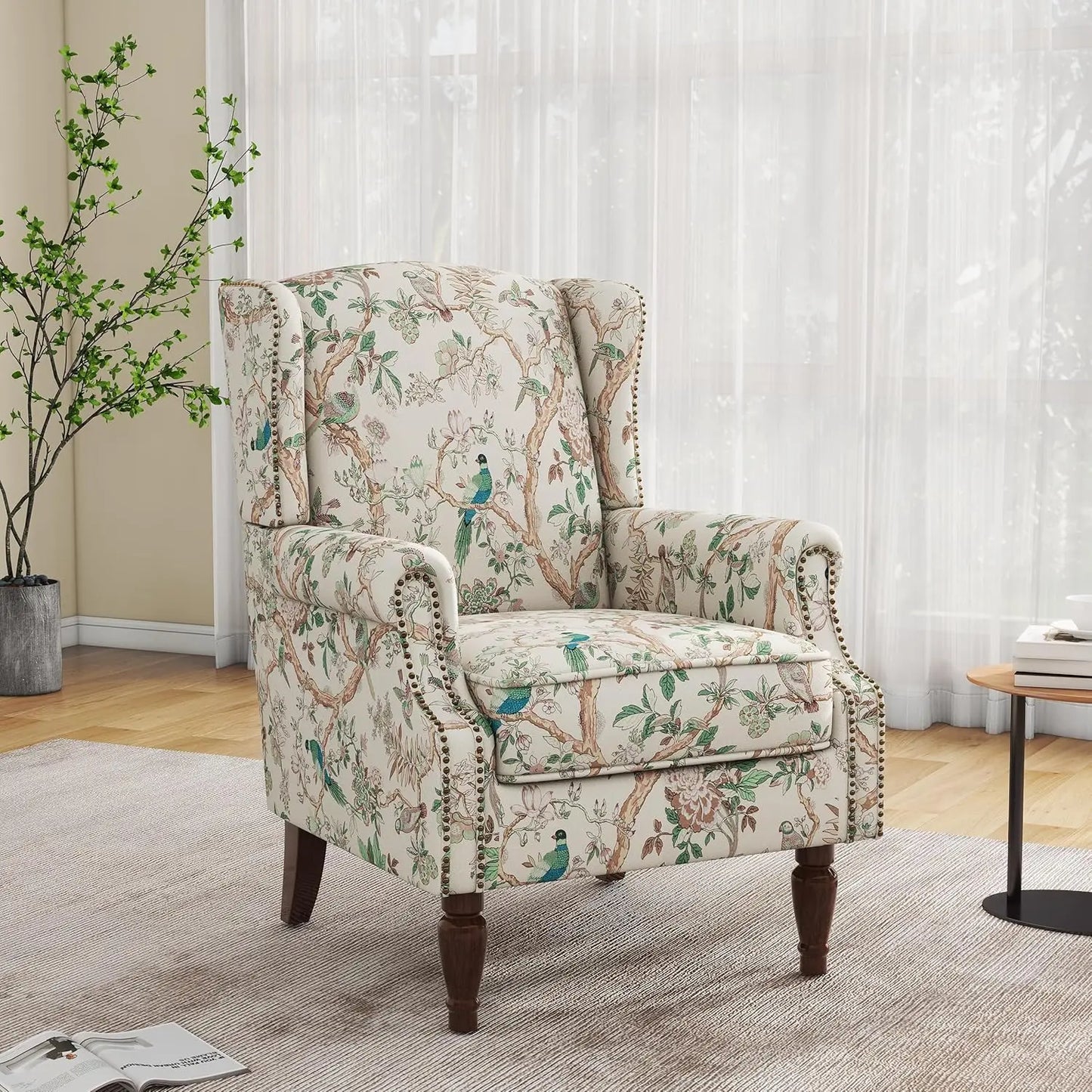 Accent Arm Chair, Upholstered High Back Wingback with Nailhead Trim