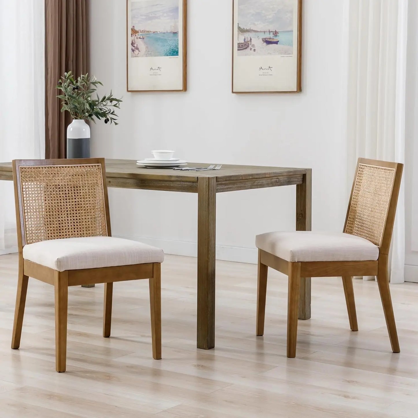 Set of 4 Farmhouse Rattan Dining Chairs, Black Wood & Upholstered