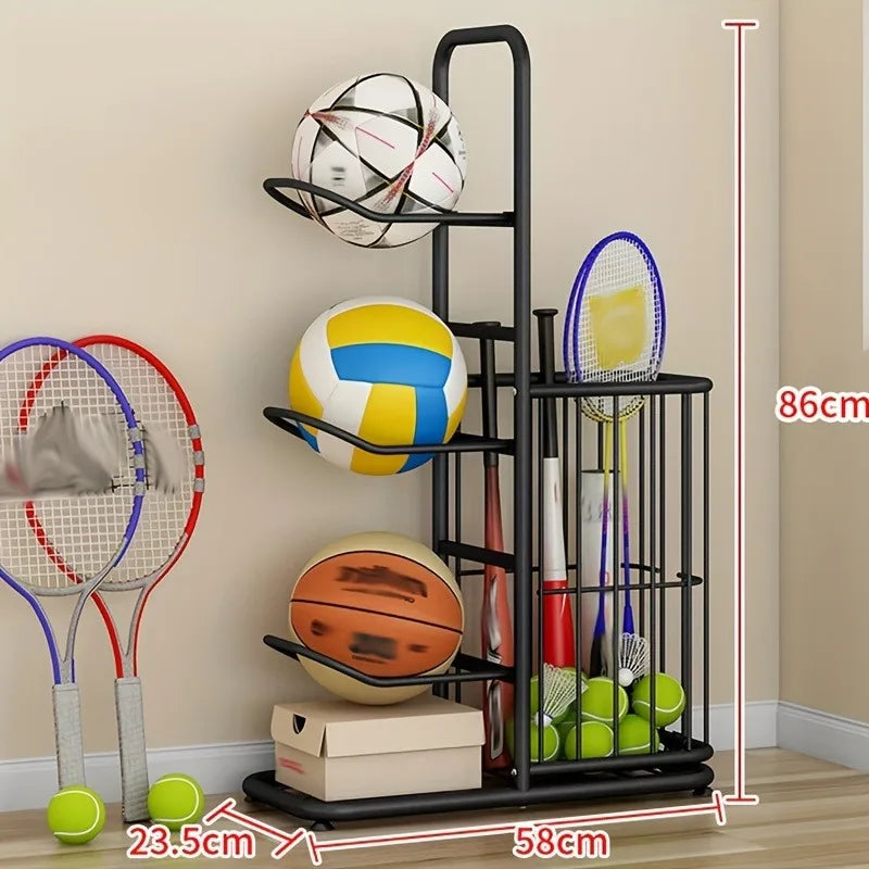 Sports Ball Storage Rack with Basket & Hooks – Garage Organizer & Basketball Stand