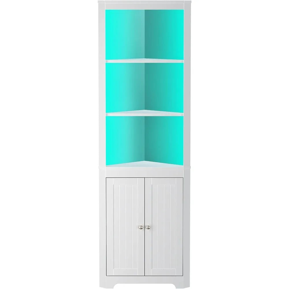 5-Tier LED Corner Shelf with Doors - Tall White or Black Cabinet