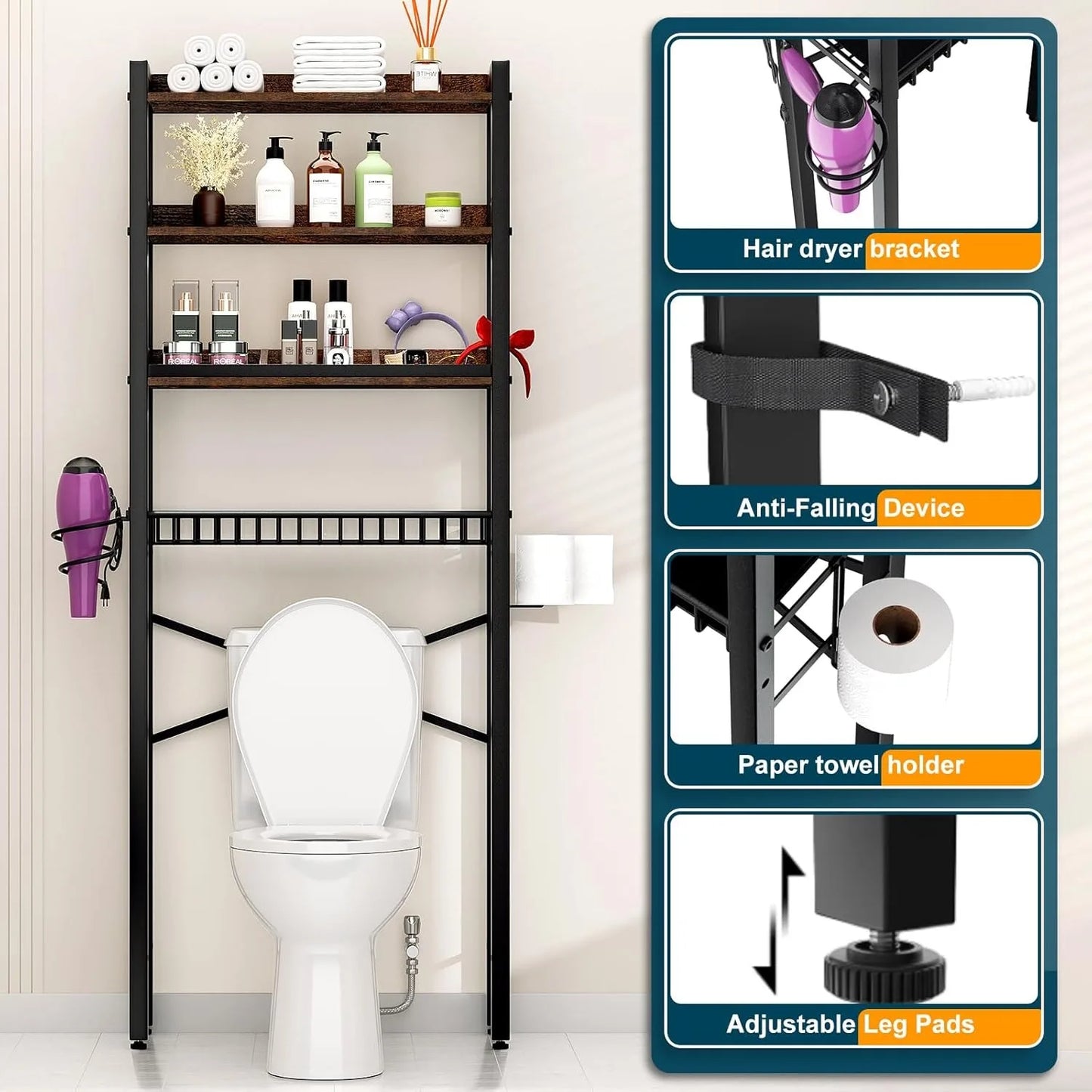 4-Tier Over-the-Toilet Storage Cabinet with Adjustable Shelf & Basket