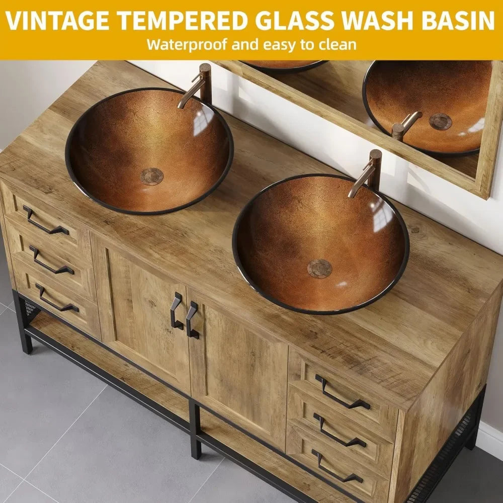 48" Double Rustic Bathroom Vanity Set with Double Sinks, Side Cabinet, Tempered Glass Vessel Sinks