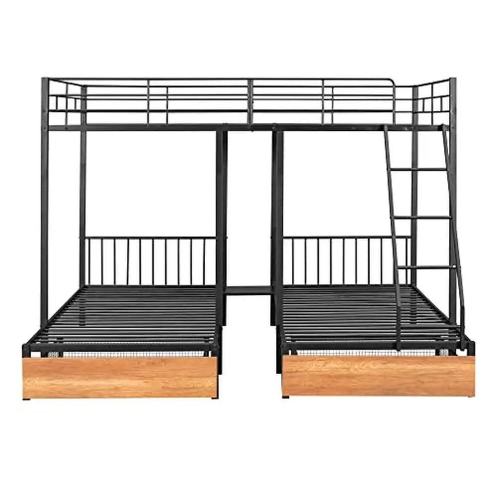 Metal Full/Twin Triple Bunk Bed with Guardrails & Drawers No Box Spring