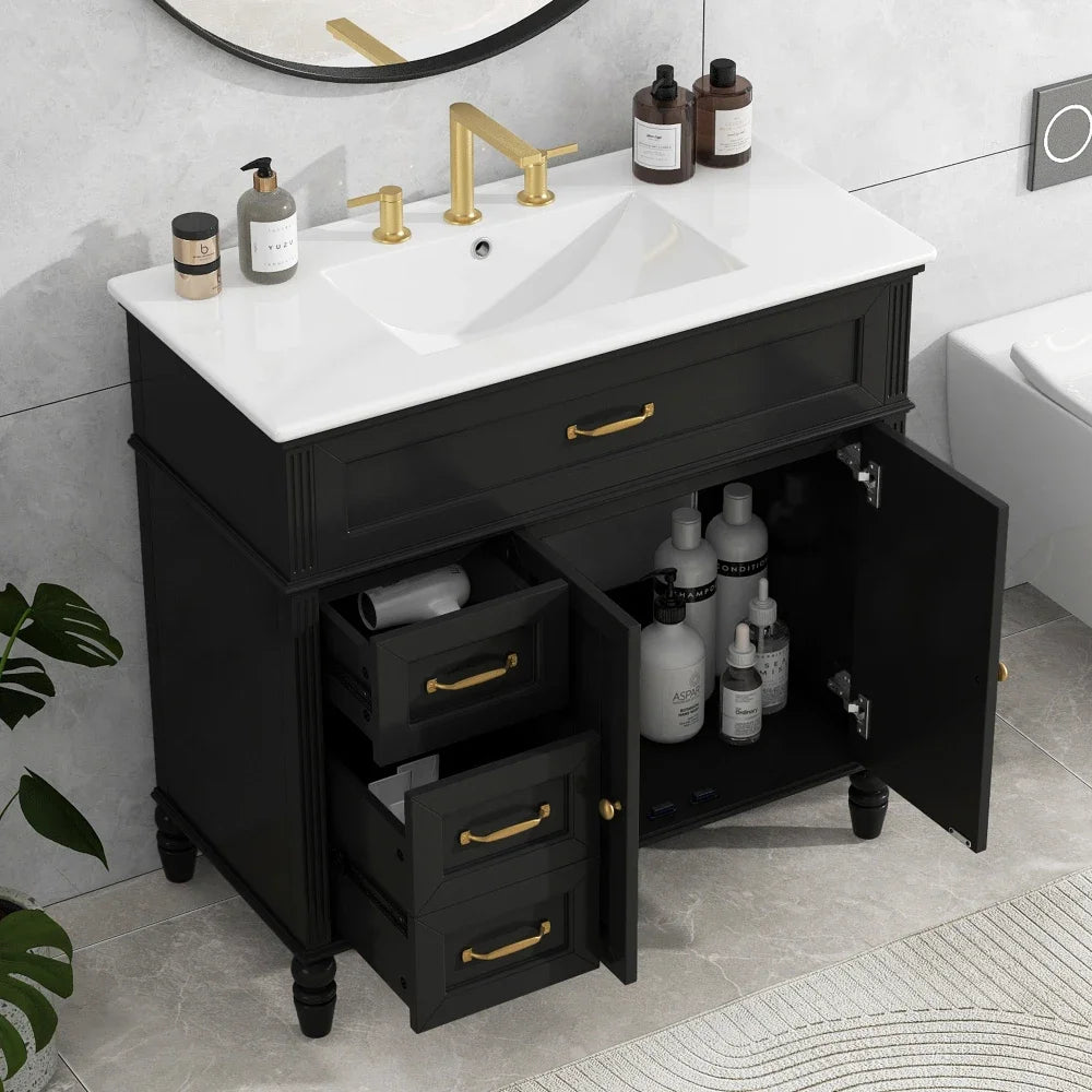 Modern 36" Bathroom Vanity with Sink – Black Finish, Drawers & Durable Frame