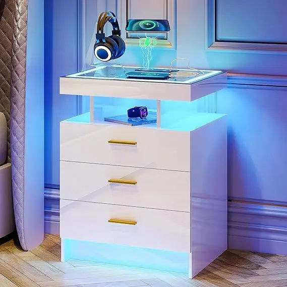 3-Drawer LED Nightstand with Wireless Charger and 3-Mode Sensor Light