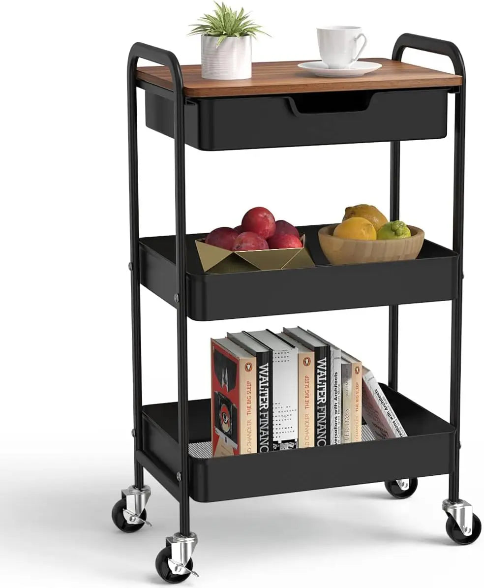 3-Tier Rolling Utility Cart with Drawer and Wood Top – Metal Storage Organizer