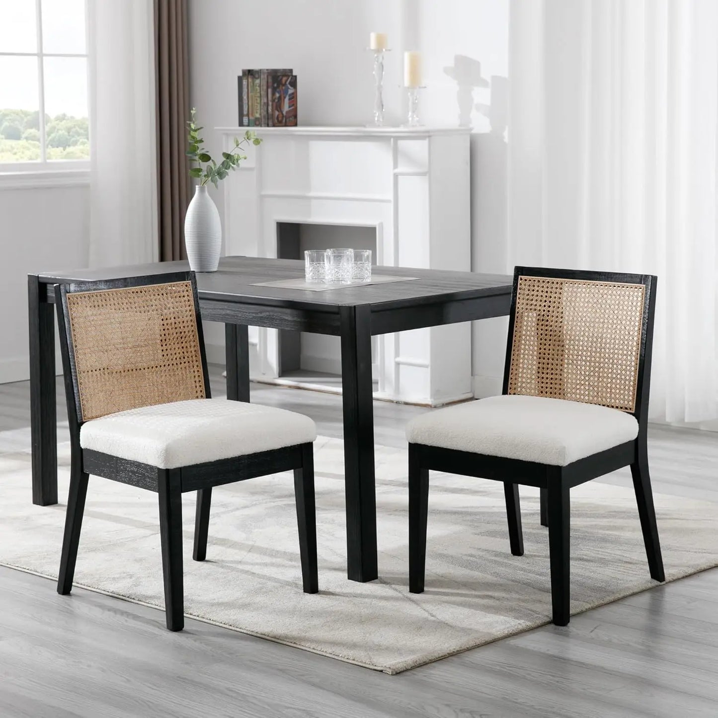 Set of 4 Farmhouse Rattan Dining Chairs, Black Wood & Upholstered