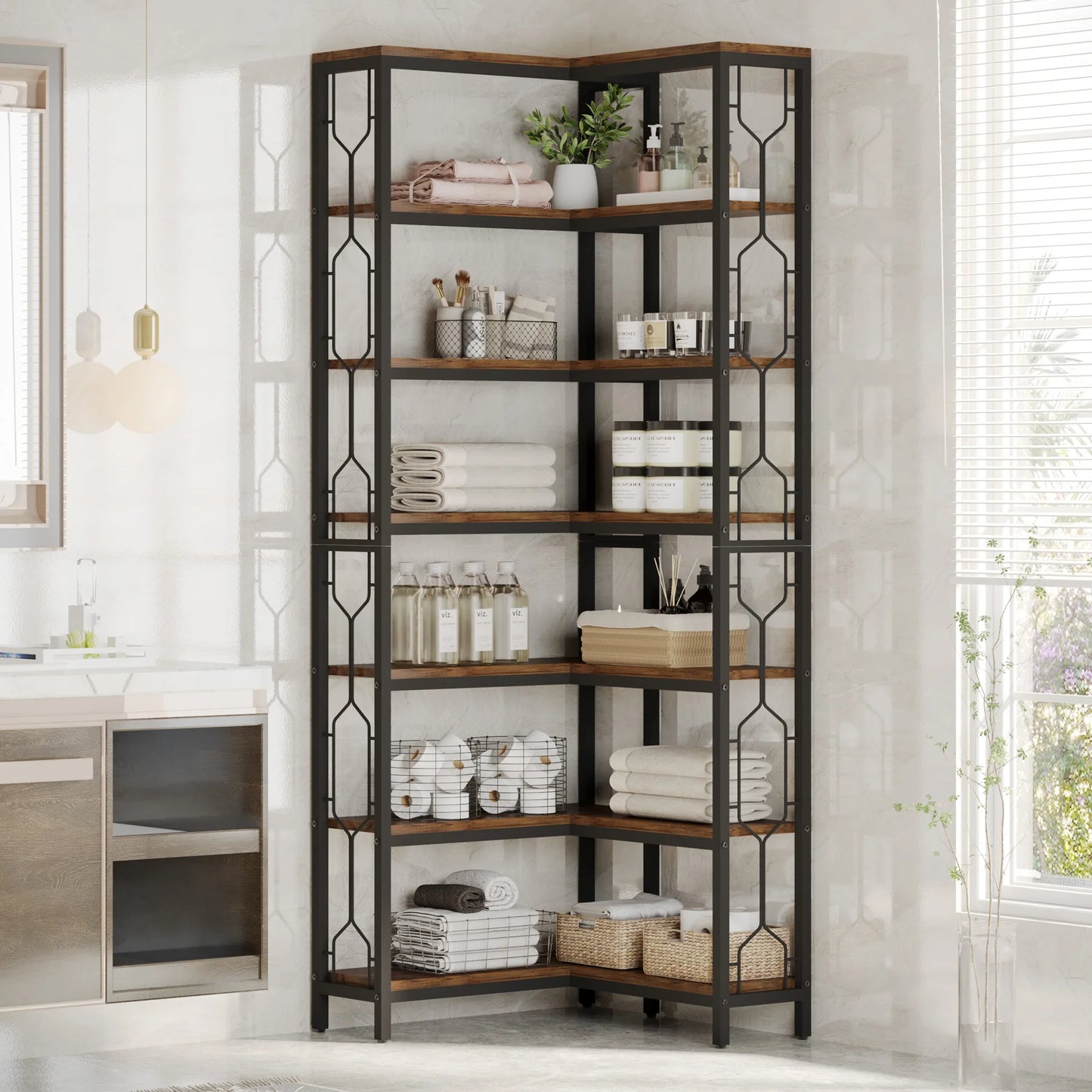 Tribesigns 7-Tier Corner Shelf, Wood & Metal Freestanding Bookcase or Display Shelf