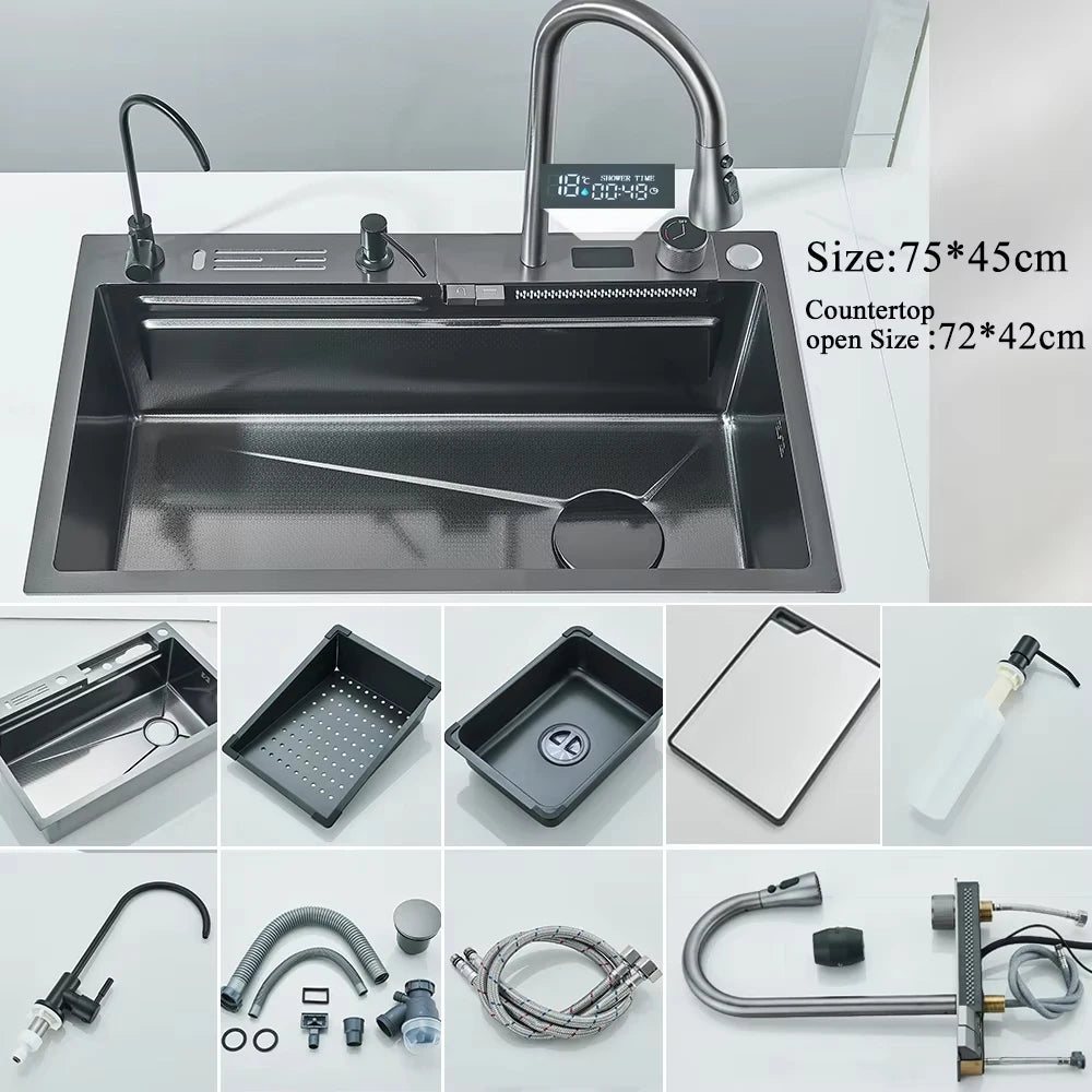 304 Stainless Steel Waterfall Kitchen Sink Set with Digital Faucet, Soap Dispenser & Cup Washer