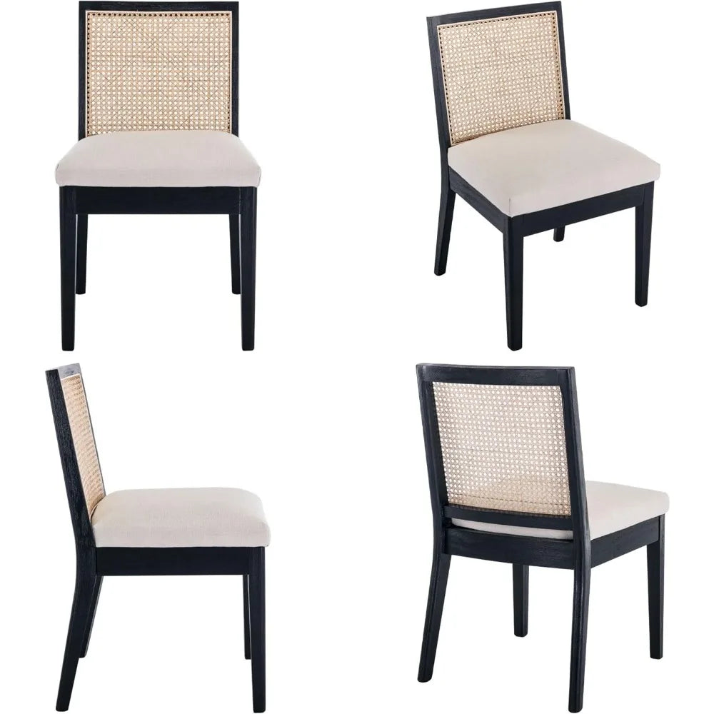 Set of 4 Farmhouse Rattan Dining Chairs, Black Wood & Upholstered