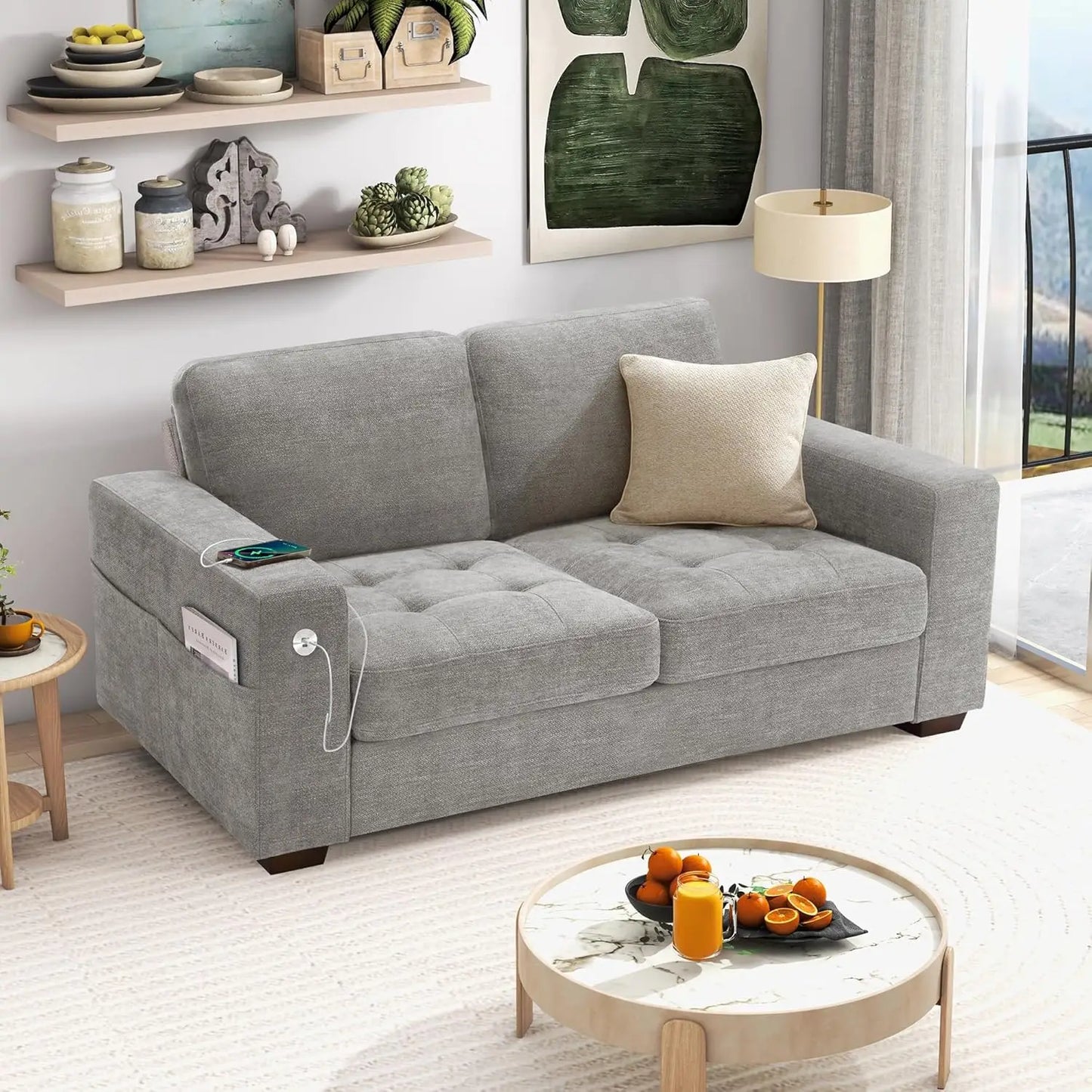 89" Faux Leather Sofa with USB/Type-C, Removable Cushions, Wide Armrests