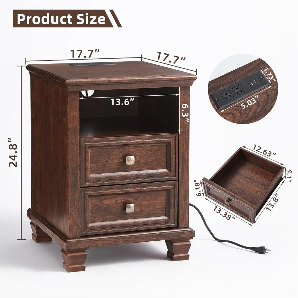 24" Farmhouse Walnut Nightstand with Charging Station, 2 Drawers End Table