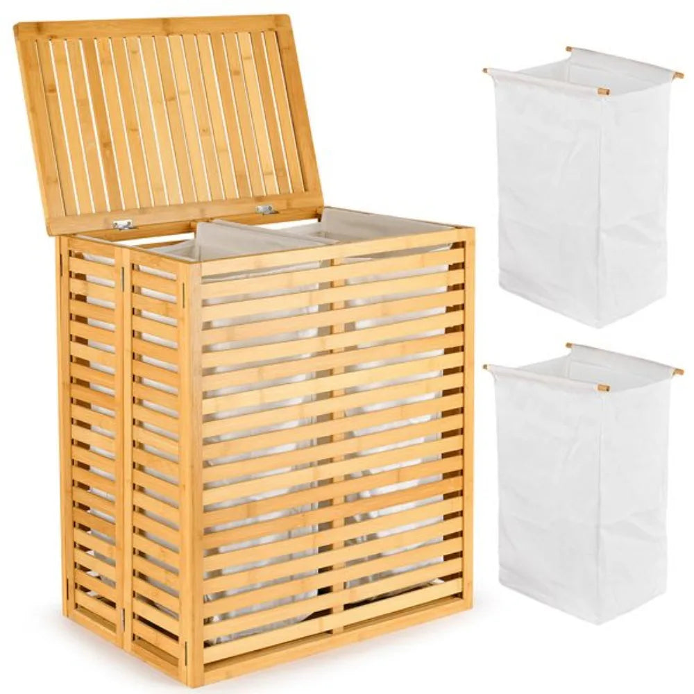Foldable Bamboo Laundry Hamper with Lid, 2-Section Removable Liner