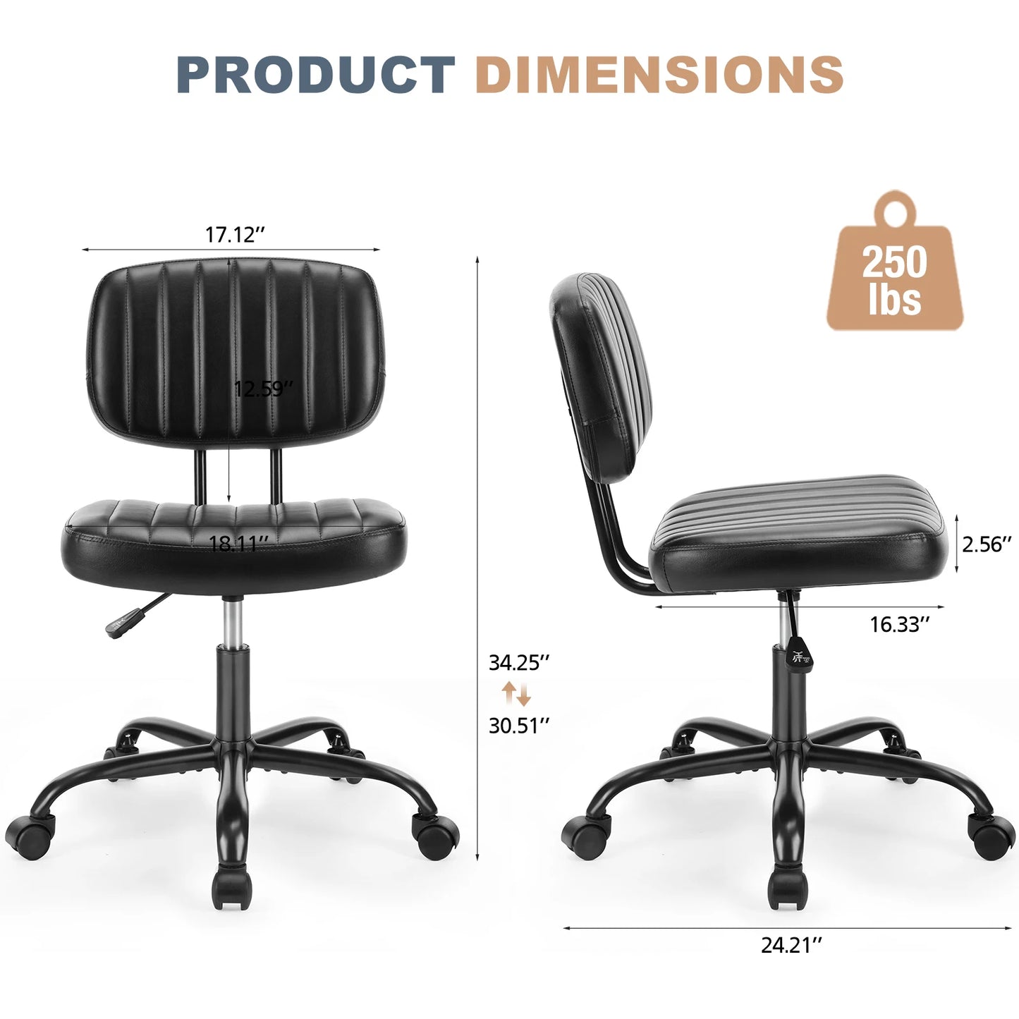 JHK Armless PU Leather Office Chair – Adjustable Height & Lumbar Support with 360° Swivel Wheels