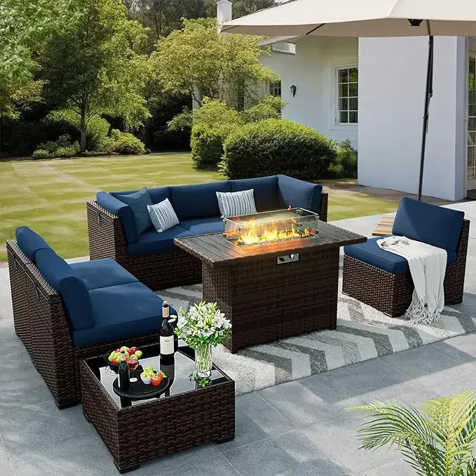 8-Piece Outdoor Patio Set with 44'' Gas Fire Pit – Rattan Sectional Conversation Furniture