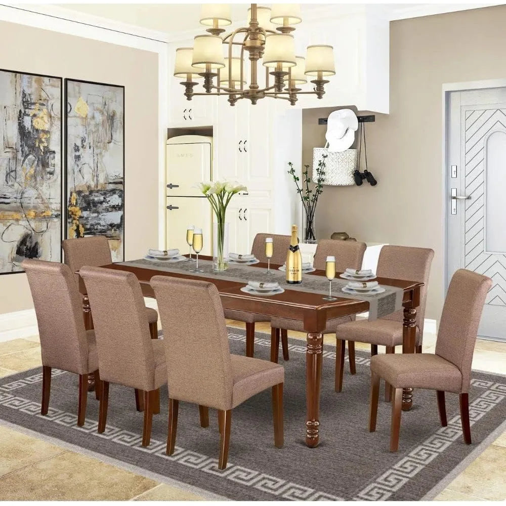 9 Piece Modern Dining Rectangle Wooden Table Set with Butterfly Leaf and 8 Linen Fabric Chairs