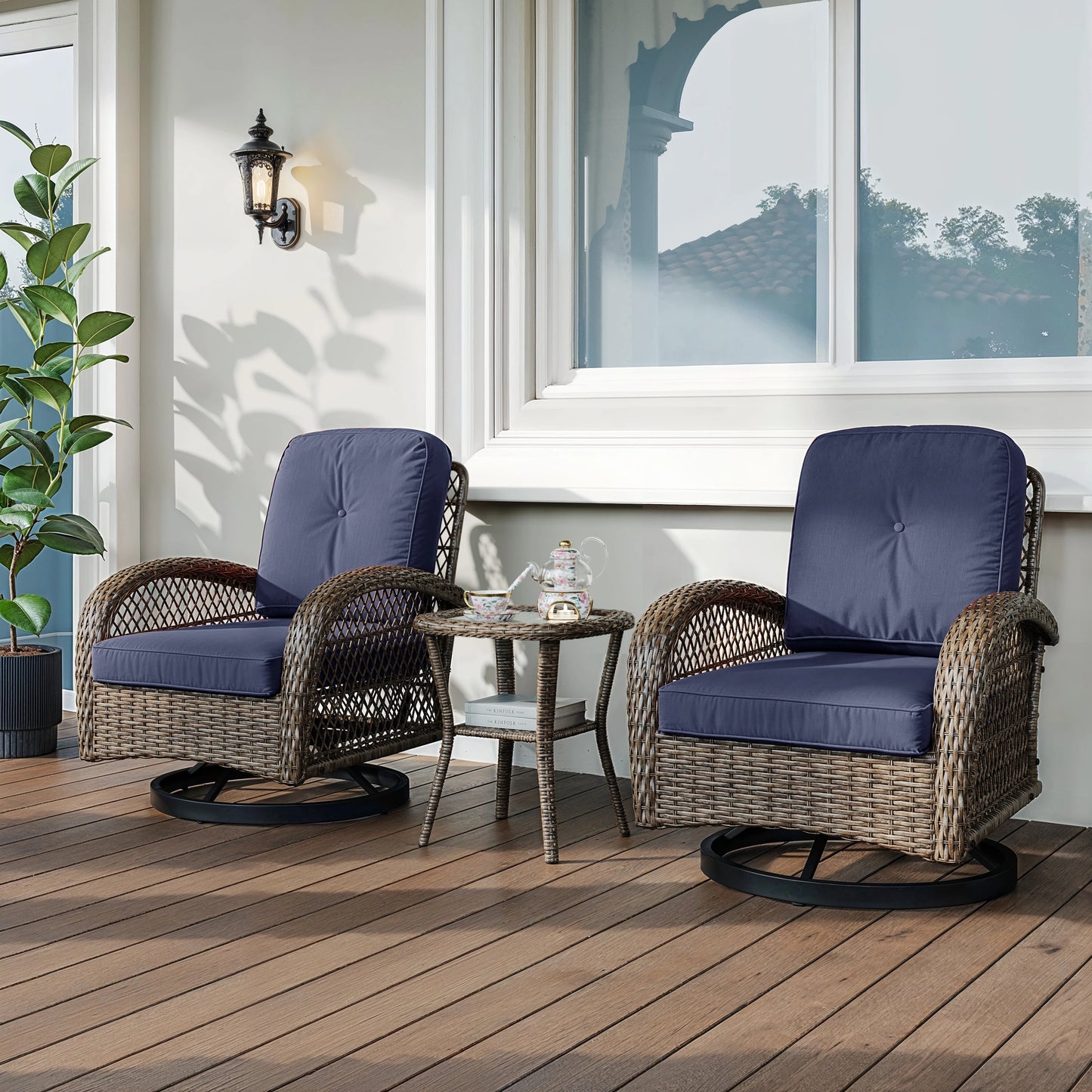 HOOMIC 3-Piece Patio Bistro Set – Swivel Rocking Chairs with Cushions & Side Table