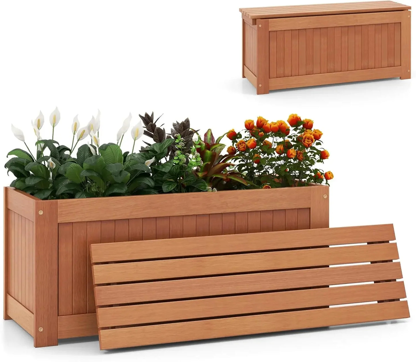 Rustic Garden Bed with Bench – Deep Wooden Planter Box for Outdoor Growing