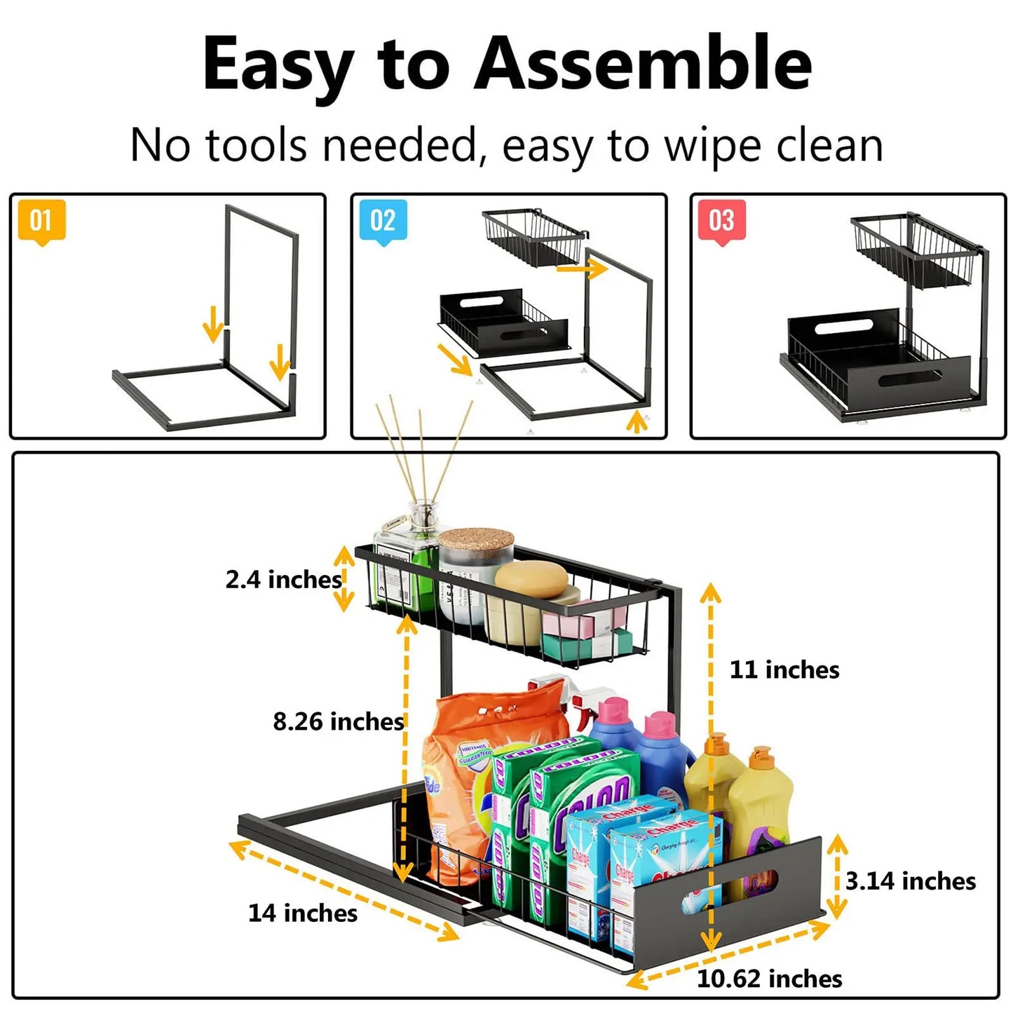 2-Tier Slide-Out Under Sink Organizer, Sturdy Metal Storage for Bathroom or Kitchen