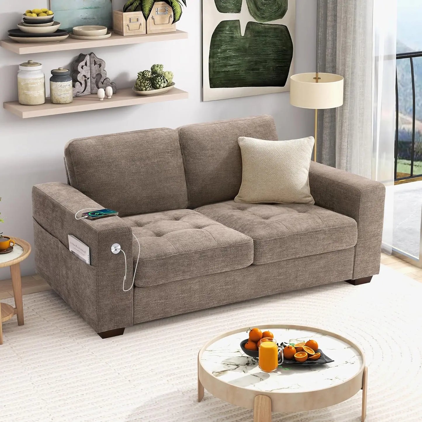89" Faux Leather Sofa with USB/Type-C, Removable Cushions, Wide Armrests