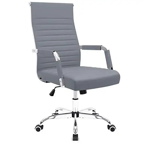 Ribbed Office Desk Chair Mid Back PU Leather Adjustable Swivel Chair with Arms