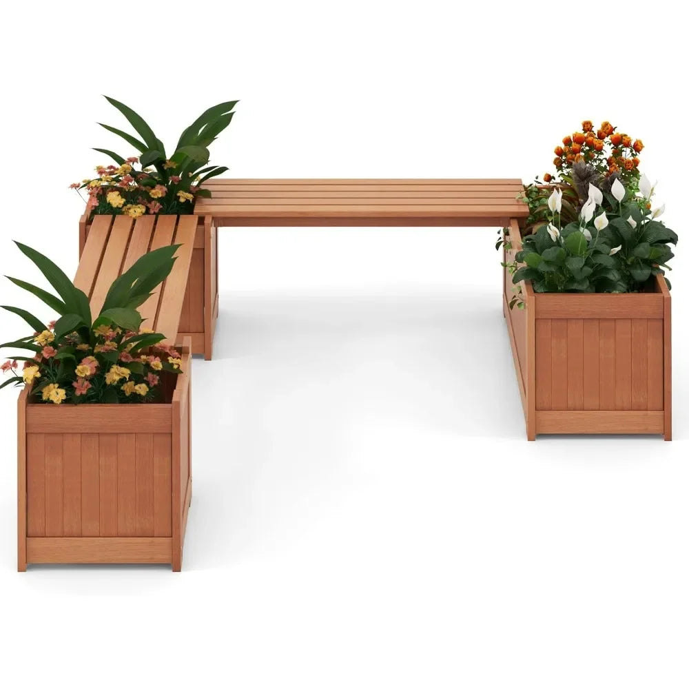 Rustic Garden Bed with Bench – Deep Wooden Planter Box for Outdoor Growing