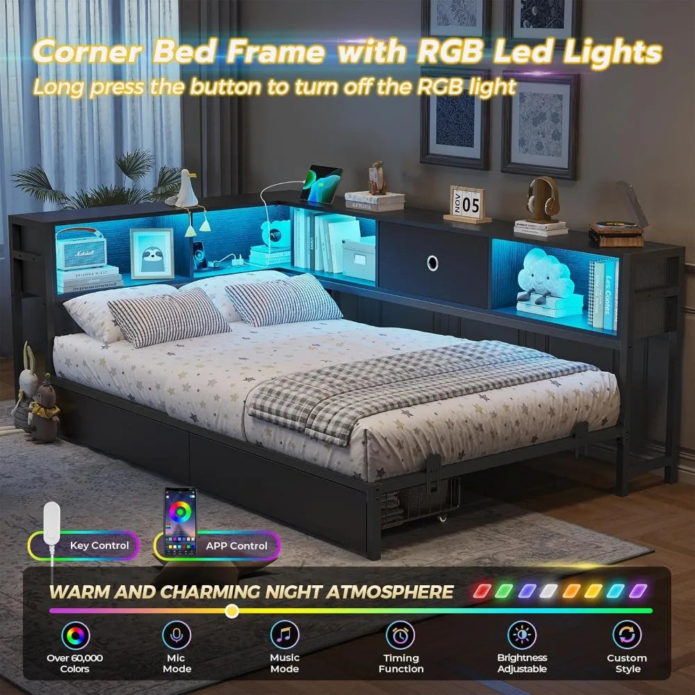 ✅ Twin XL Corner Bed Frame – Bookcase Headboard, LED Lights, Storage Drawers & Built-In Charging Station