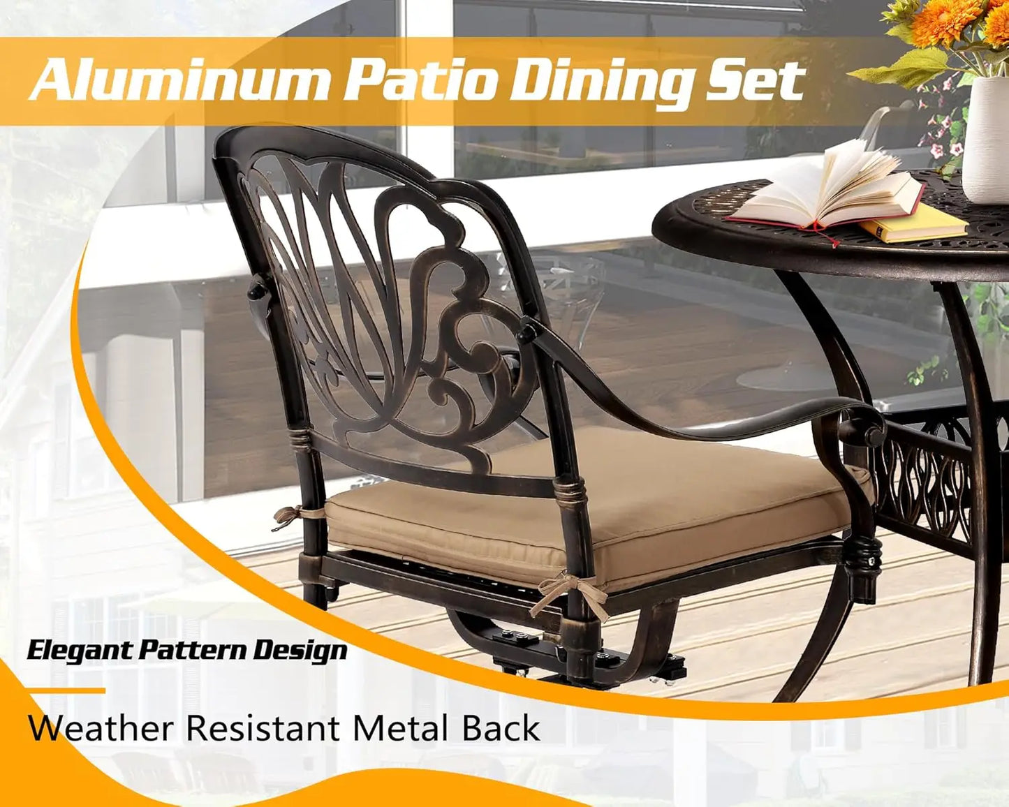 5-Piece Outdoor Patio Dining Set, Cast Aluminum, 4 Swivel Chairs, 35.4" Table