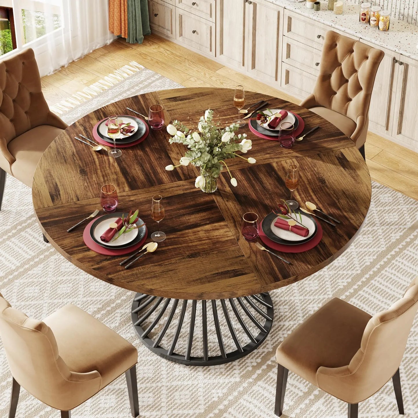 Tribesigns 47" Round Dining Table, Seats 4–6, Farmhouse Industrial Style