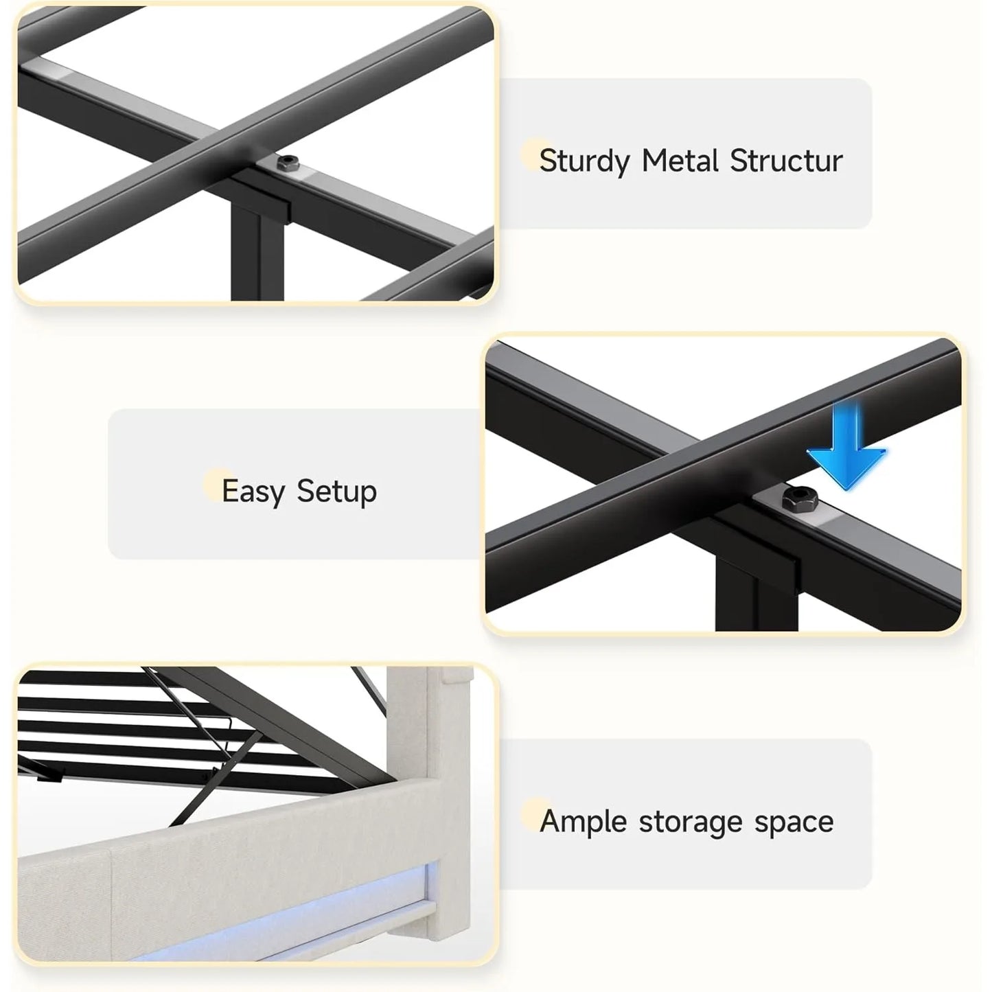 Queen Size Lift-Up Storage Bed with Headboard, LED, Charging Station