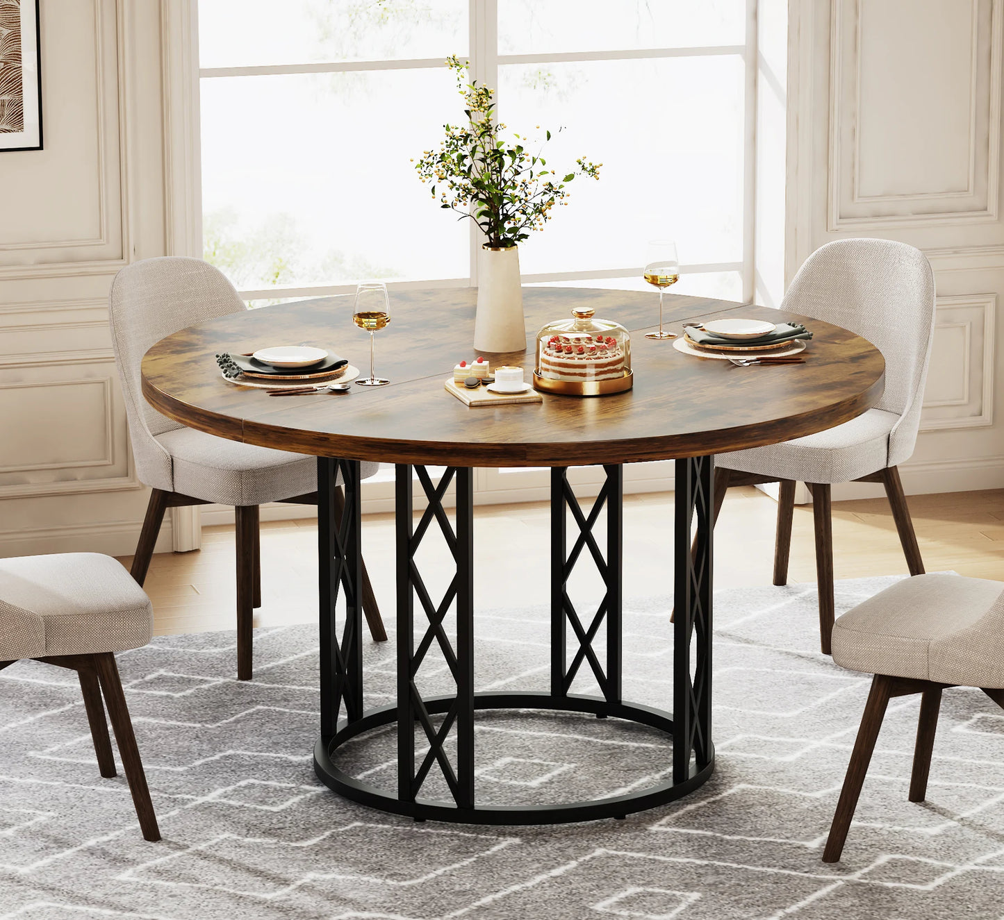 Tribesigns 47" Round Dining Table, Seats 4–6, Farmhouse Industrial Style