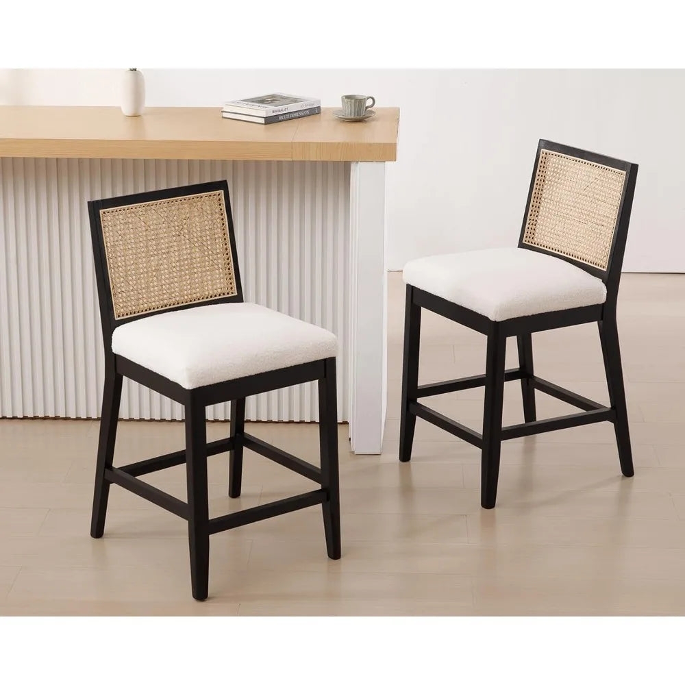 26" Modern Farmhouse Rattan Bar Stools – Upholstered Counter-Height with Backrest