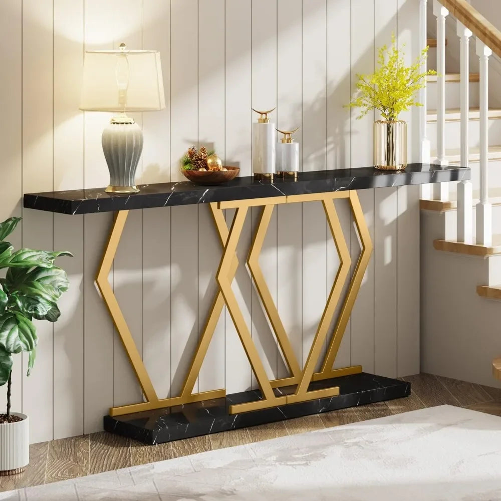 70.9" Extra Long Console Table, Faux Marble Top, Modern Table with Gold or Black Frame