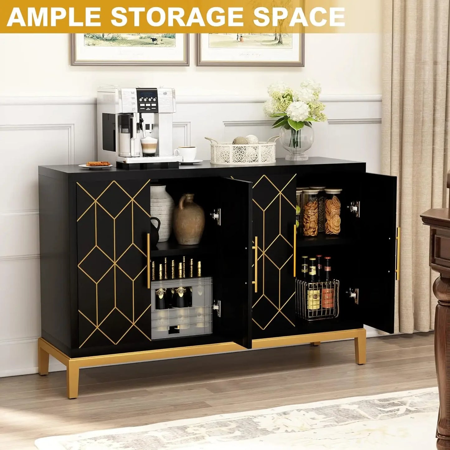 Accent Cabinet with 4 Doors & Shelves Gold Black