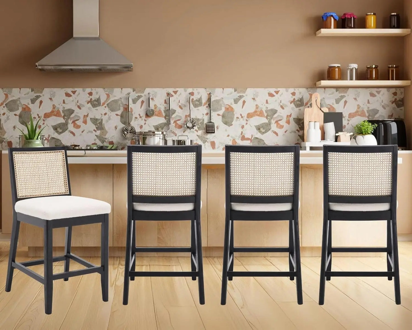 26" Modern Farmhouse Rattan Bar Stools – Upholstered Counter-Height with Backrest