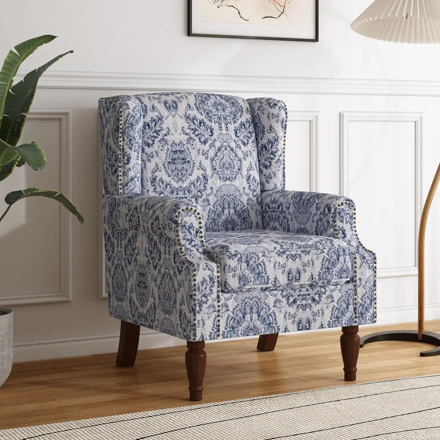Accent Arm Chair, Upholstered High Back Wingback with Nailhead Trim