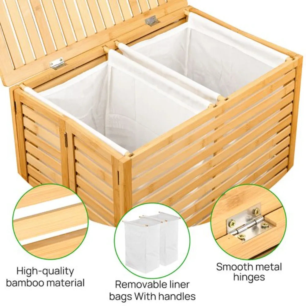 Foldable Bamboo Laundry Hamper with Lid, 2-Section Removable Liner